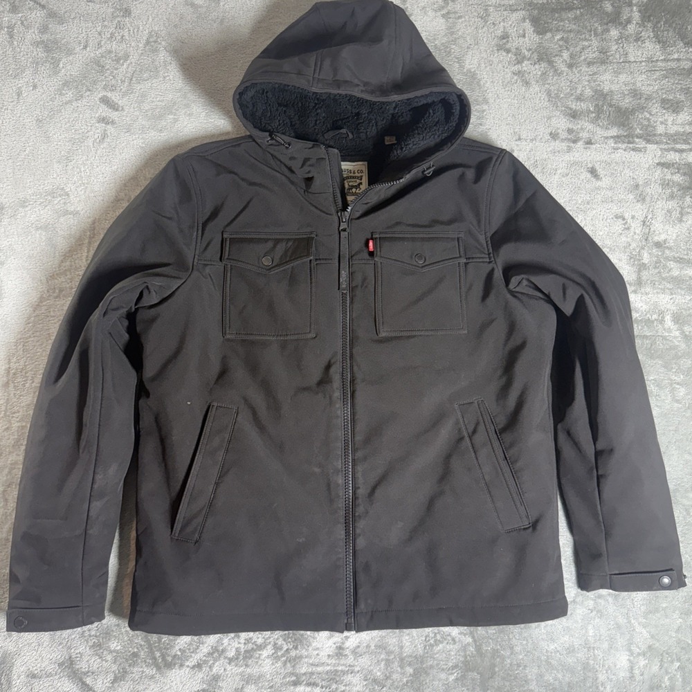 Levi's Men's Jacket Softshell Sherpa Lined Hood Pockets Black Trucker Large
